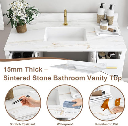 42 Inch Bathroom Vanity with Sink&Countertop,Calacatta Gold Sintered Stone Vanity Top with Sink&Backsplash,White Bathroom Cabinet Set with 2 Doors and 9 Drawer(Single Hole)