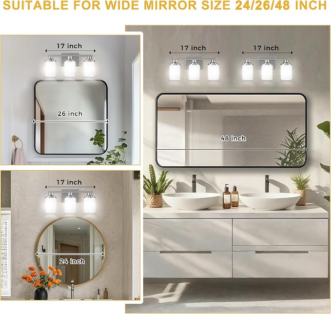L LOHAS LED 3-Light Bathroom Vanity Light, Brushed Nickel | Milky White Frosted Glass Shades; Wall Sconce Over Mirror for Bedrooms; ETL Listed