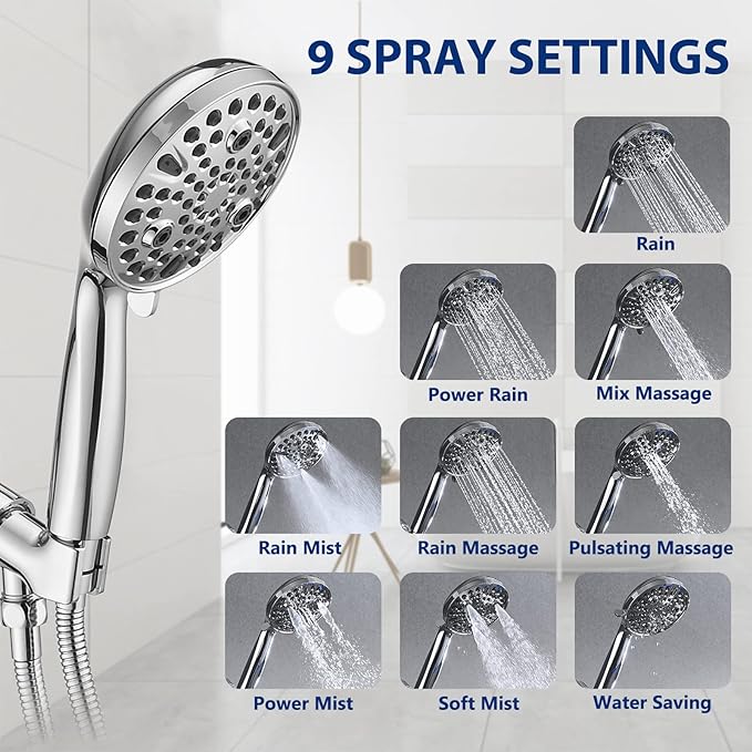 High Pressure 10 Setting Handheld Shower Head, 5" Detachable Showerhead Spray Built-in Power Wash to Clean Tub, Tile & Pets, 79" Extra Long Stainless Steel Hose, Adjustable Bracket - Chrome