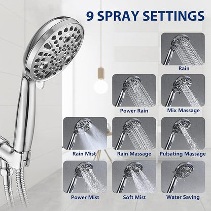 High Pressure 10 Setting Handheld Shower Head, 5" Detachable Showerhead Spray Built-in Power Wash to Clean Tub, Tile & Pets, 79" Extra Long Stainless Steel Hose, Adjustable Bracket - Chrome