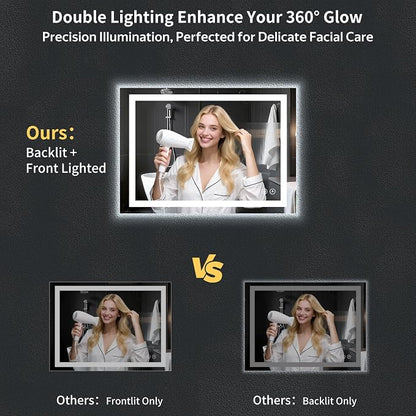 26"x38" LED Bathroom Mirror with Lights, Backlit+Frontlit, Anti-Fog | CRI 95, Stepless Dimmable, 3 Colors Lighting, Shatterproof Tempered Glass, HD Reflection, Memory, (Horizontal/Vertical)