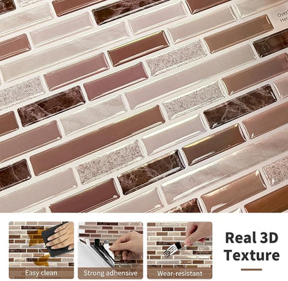 URCOLOR 10-Sheet Kitchen Backsplash Tiles Peel and Stick, 12”×12” Self Adhesive Wall Tile Sticker for Bathroom,Sandstone Brown