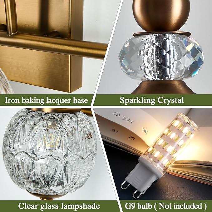 Vintage Bathroom Lights Fixtures Gold Vanity Light with Glass Globe LampShade 5 Light Brushed Brass G9 Bulb Wall Sconce Antique Indoor Vanity Light Over Mirror for Kitchen Bedroom Living Room
