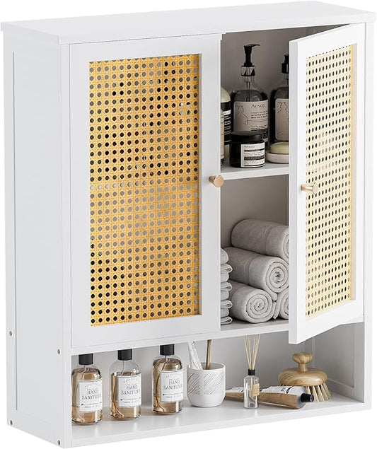 HITNET Rattan Wall Cabinet, Bathroom Hanging Storage Cupboard Over The Toilet, Space Saving Medicine Cabinet with Adjustable Shelf, White