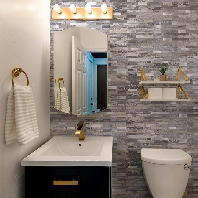 StyloVue 2 Sheets Peel and Stick Backsplash, Distressed Wood with Metal Silver Self Adhesive Wall Tiles Upgrade Your Kitchen Backsplash, RV, Fireplace