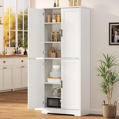 IDEALHOUSE Pantry Cabinet,70" Tall Kitchen Pantry Cabinet with 4 Doors and 3 Adjustable Shelves, Freestanding Cupboard, Modern Storage Cabinet for Bathroom, Dining Room, Living Room (White)