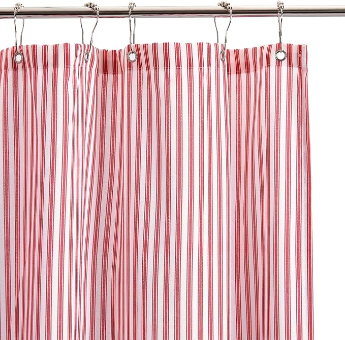 Stripe Cotton Toile Shower Curtain Ticking Stripe Woven Print Curtain Bathroom Decor for Traditional and Contemporary Style Kitchen Bath Home (Red and White,72 x 72 Inches)