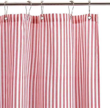 Stripe Cotton Toile Shower Curtain Ticking Stripe Woven Print Curtain Bathroom Decor for Traditional and Contemporary Style Kitchen Bath Home (Red and White,72 x 72 Inches)