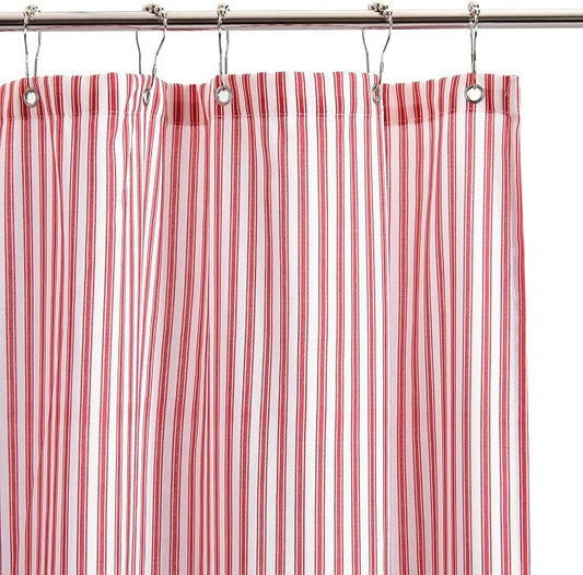 Stripe Cotton Toile Shower Curtain Ticking Stripe Woven Print Curtain Bathroom Decor for Traditional and Contemporary Style Kitchen Bath Home (Red and White,72 x 72 Inches)