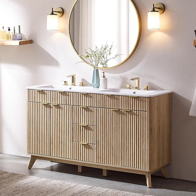 T4TREAM 60" Fluted Bathroom Vanity with Resin Sink Combo，Freestanding Modern Bathroom Storage Vanity Cabinet with Soft Closing Doors & 3 Drawers，Wood Grain Texture，Metal Handle，Natural Oak