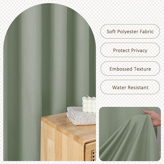 Extra Long Sage Green Shower Curtain 96 Inch Long 1 Piece, Waffle Embossed Textured Fabric Shower Curtain for Bathroom Large Hotel, Water Resistant, Machine Washable, 72Wx96L Inches