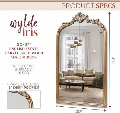 English Estate Carved Arch Wood Wall Mirror, Mirror for Entryway, Living Room, Bathroom, Antique Gold, 20.4x33