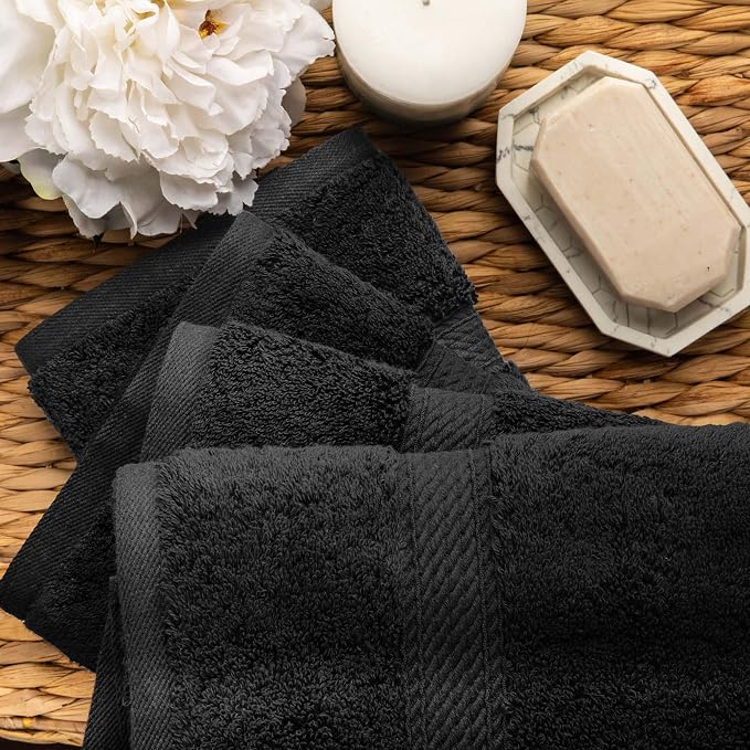 SUPERIOR Egyptian Cotton Plush & Absorbent, Hand Towel Set of 4, Black | Quick Dry, Soft Luxury Towel Set, Bath Essentials for Bathroom, Guest Bath, Spa, 4 Piece Set, Madeline Towels