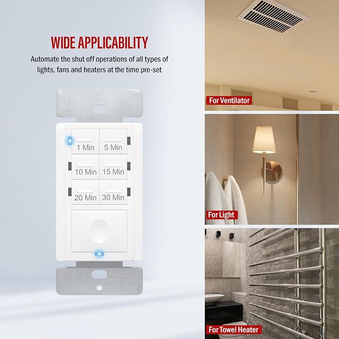 Broan-NuTone BHFLED80 PowerHeat Bathroom Exhaust Fan, Heater, and LED Light Combination, 80 CFM & ENERLITES Countdown Timer Switch for bathroom fans and household lights