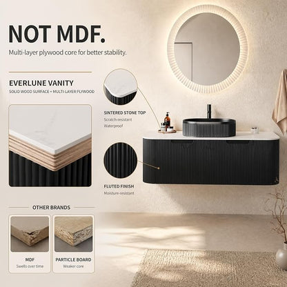 48 Inch Bathroom Vanity with Sink, Floating Wall Mounted Single Sink Vanity, Black Curved Fluted Front, Stone Top, Black Textured Oval Vessel Basin, Pre-Assembled