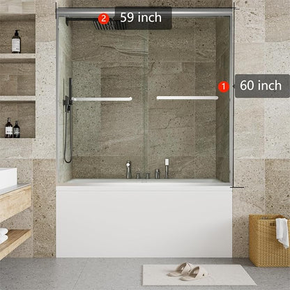 56-60 Inch W× 59 Inch H Double Sliding Shower Door, Semi-Frameless Bypass Bathroom Door with 1/4" Tempered Glass, Brushed Nickel Finish for Walk-in Shower or Bathtub Enclosure