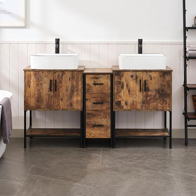 UEV Rustic Brown 60" Double Bathroom Vanity with Sink Combo,Industrial Iron Frame 2 Main Bathroom Vanity with Middle 3 Drawers Cabinet,Modern Artistic Ceramic Vessel Sink(031WH)
