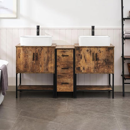 UEV Rustic Brown 60" Double Bathroom Vanity with Sink Combo,Industrial Iron Frame 2 Main Bathroom Vanity with Middle 3 Drawers Cabinet,Modern Artistic Ceramic Vessel Sink(031WH)