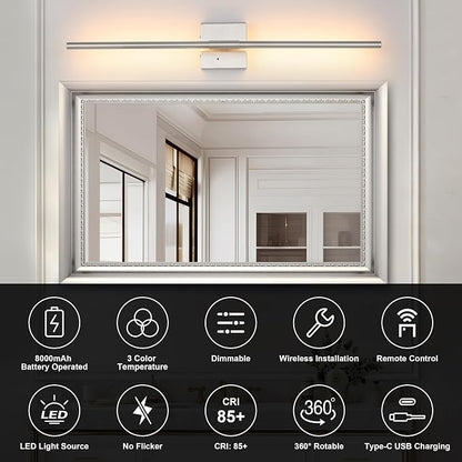 Morauroral Battery Operated Wall Sconces Set of 2, Dimmable Battery Wall Sconce with Remote Control, Sand-Nickel LED Rechargeable Sconces, 24 Inch Modern Wireless Wall Lights for Bedroom, Living Room