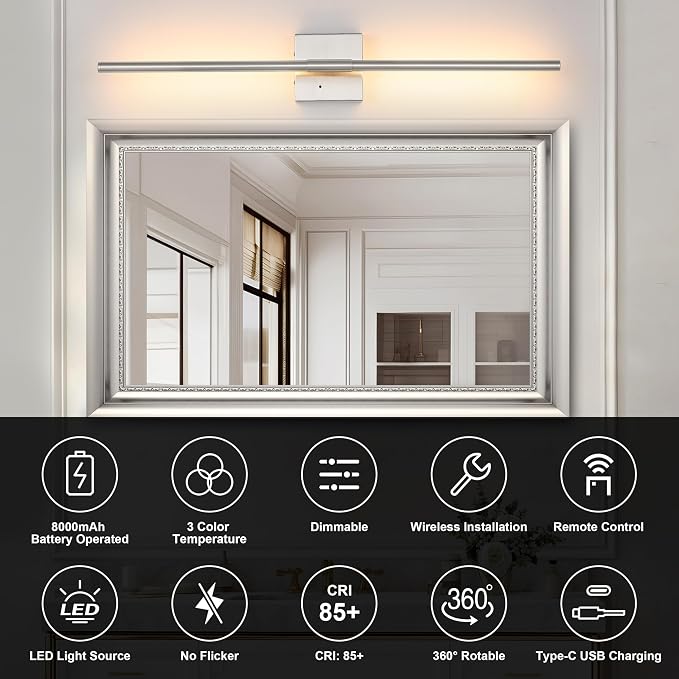 Morauroral Battery Operated Wall Sconces Set of 2, 3 Color Dimmable Rechargeable Wall Light with Remote, 24 Inch Sand-Nickel Wireless Sconces Wall Decor with Timer Function for Living Room, Bedroom,TV