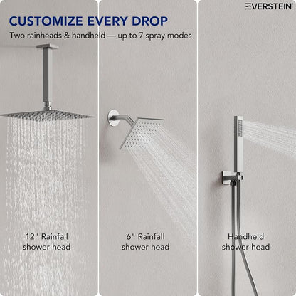 Ceiling Mount 12" High-Pressure Rainfall Shower Faucet, Dual Rainfall Shower Head System with Valve (Brushed Nickel)