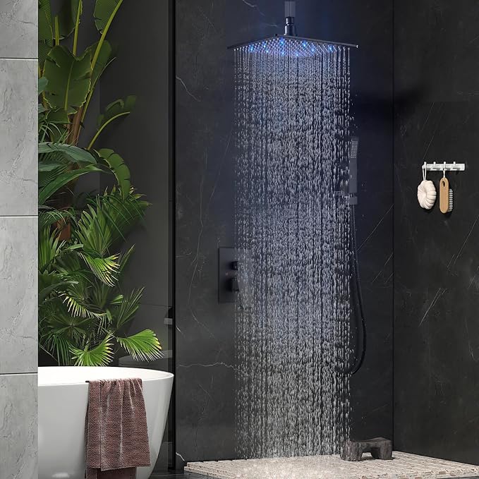 Aolemi Ceiling Shower Faucet Set with Handheld 10" LED Head Matte Black | Handheld Spray,10 Inch Rain LED Head,Shower Valve and Trim Kit,All Metal,Ceiling System,Bathroom Mixer