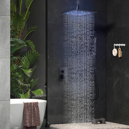 Aolemi Ceiling Shower Faucet Set with Handheld 10" LED Head Matte Black | Handheld Spray,10 Inch Rain LED Head,Shower Valve and Trim Kit,All Metal,Ceiling System,Bathroom Mixer