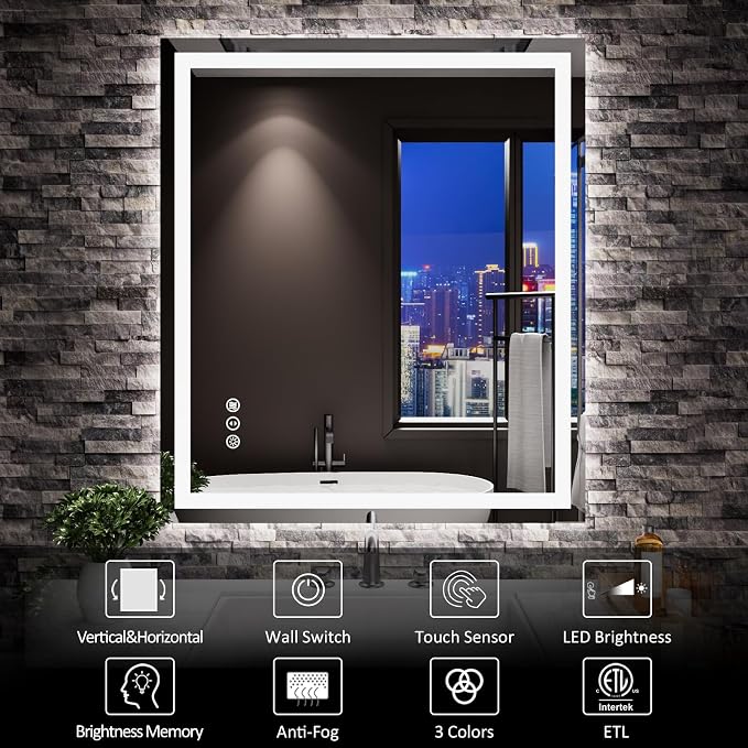 LED Mirror for Bathroom, 28"x32" with Front Light and Backlight | Stepless Dimmable, Anti-Fog, Shatter-Proof, HD Reflection, Memory, 3 Colors Lighting, UL Listed (Horizontal/Vertical).