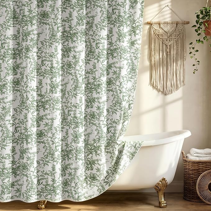 Farmhouse Sage Green Floral Shower Curtain with 12 Clear Rings 72"W x 72"L | Boho Fabric Shower Curtain Set, Vintage Cottagecore Shower Curtain for Bathroom