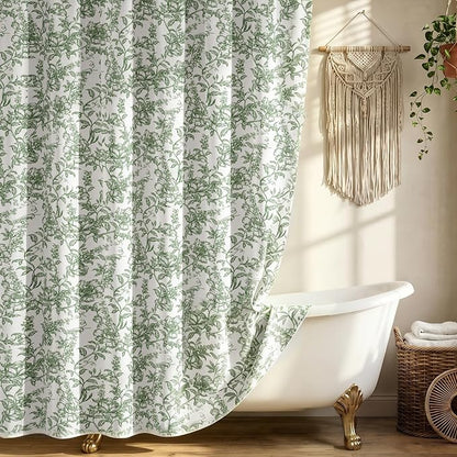 Farmhouse Sage Green Floral Shower Curtain with 12 Clear Rings 72"W x 72"L | Boho Fabric Shower Curtain Set, Vintage Cottagecore Shower Curtain for Bathroom