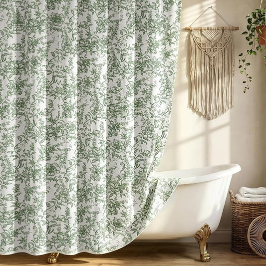 Farmhouse Sage Green Floral Shower Curtain with 12 Clear Rings 72" Wx84" L | Boho Fabric Shower Curtain Set, Vintage Cottagecore Shower Curtain for Bathroom