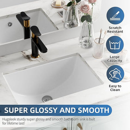 Undermount Bathroom Sink Rectangle, Hugsleek Interior Bowl Size 18 x 11 inch White Porcelain Ceramic Vessel Sink Under Counter Exterior Size 20x14in Rectangular Bath Sink Basin Lavatory Fireclay