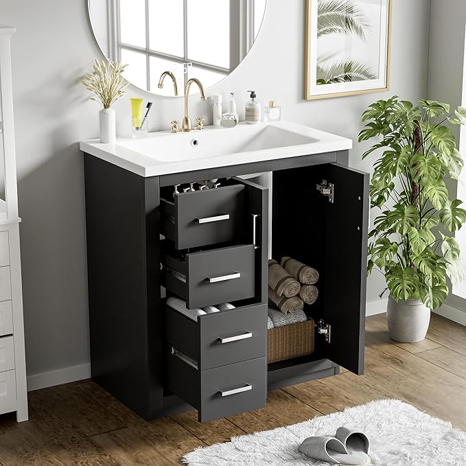 Merax Herringbone Single Sink Bathroom Vanity, Freestanding 30" Modern Bathroom Vanity Storage Cabinet with 3 Drawers and 2 Doors, Solid Wood Frame