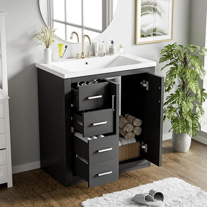 Merax Herringbone Single Sink Bathroom Vanity, Freestanding 30" Modern Bathroom Vanity Storage Cabinet with 3 Drawers and 2 Doors, Solid Wood Frame