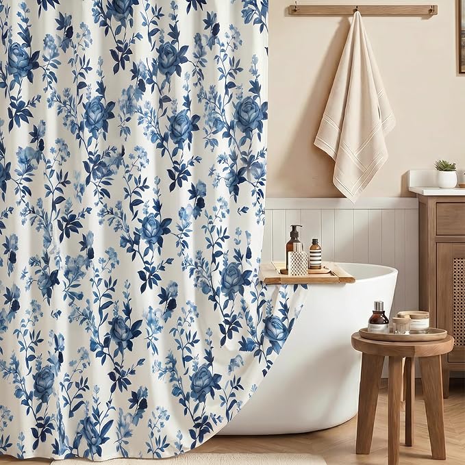 Farmhouse Blue Floral Shower Curtain, Fabric Faux Linen Shower Curtain Set with 12 Rings, Vintage Cottagecore Boho Shower Curtains for Bathroom 72" W x 72" L （Beige + Blue
