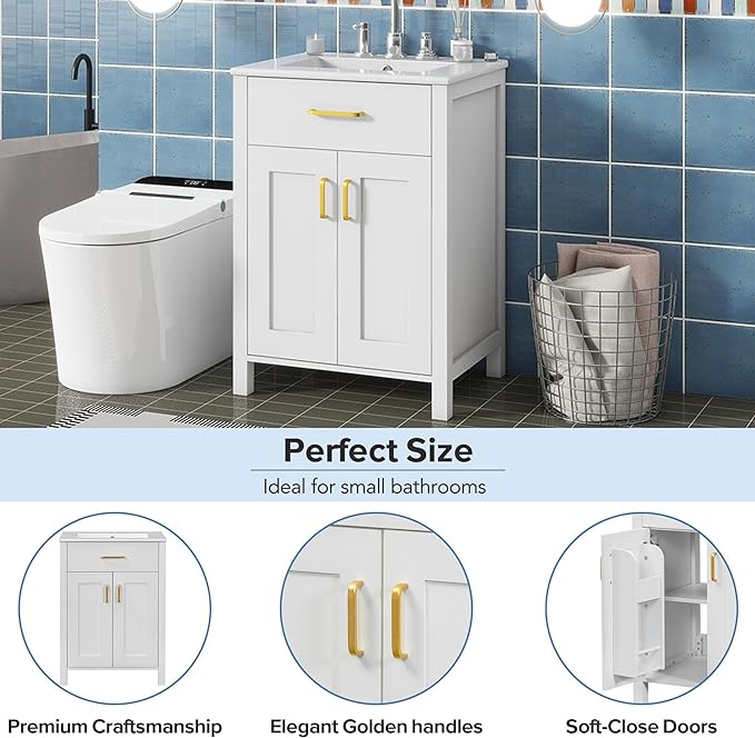 24" Bathroom Vanity with Sink, Modern Bathroom Vanity 24 Inch with Sink, 24 Bathroom Sink Vanity with Flip Drawer, Cabinet and Door Shelves, 24" Vanity with Sink for Bathroom (White)
