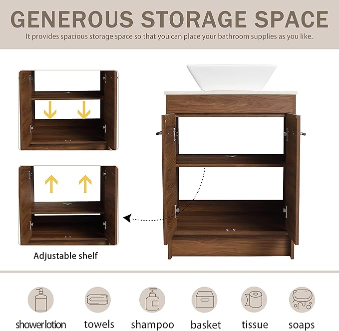 24" Bathroom Vanity with Sink, 24 Inch Freestanding Bathroom Vanity Combo, Single Sink Modern Brown Floor Standing Cabinet Set with Ample Storage(BRE101, 24 * 18)