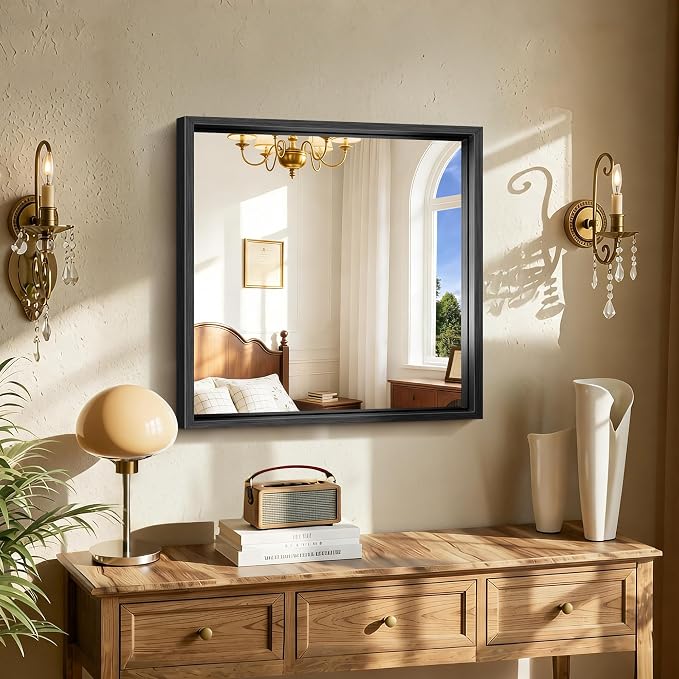 CIRCUMI 24"x24" Brushed Black Bathroom Mirror, Square Mirror for Vanity | Chunky Box Metal Frame, Shatterproof, Tempered Glass, Bathroom Remodel&New Home,Wall Mirror for Over Sink,Living Room,Hallway