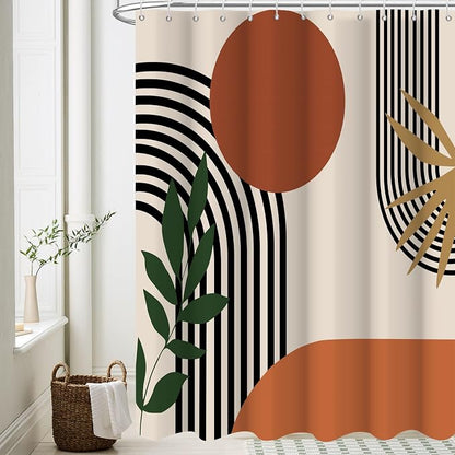 Boho Shower Curtain, Abstract Mid Century Modern Sun Tropical Leaf Machine Washable Waterproof for Bathroom Bathtub with Hooks 72x72