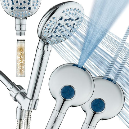 AquaCare 4X 10-Mode High Pressure Hand Shower w/Filter & 2-mode Power Wash | Filters Chlorine & Toxins, Softens Hard Water for Healthy Skin & Hair. Handheld Power Head Cleans Tub, Tile & Pets / Chrome