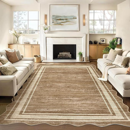 Garvee Brown Scalloped Rug 5x7 Washable Area Rug for Bedroom | Scalloped Rug 5x7, Girls Room Rug, Stain Resistant Solid Rugs for Bedroom Kids Room, Scalloped Low Pile Non-Slip Neutral Rugs