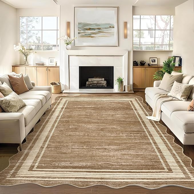 Garvee Brown Scalloped 8x10 Rugs Washable Area Rugs for Living Room | Rugs for Living Room, Non-Slip Soft Carpet for Bedroom, Scalloped Low-Pile Solid Rug Accent Rug for Dining Room Home Office
