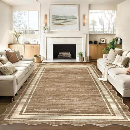 Garvee Brown Scalloped 8x10 Rugs Washable Area Rugs for Living Room | Rugs for Living Room, Non-Slip Soft Carpet for Bedroom, Scalloped Low-Pile Solid Rug Accent Rug for Dining Room Home Office