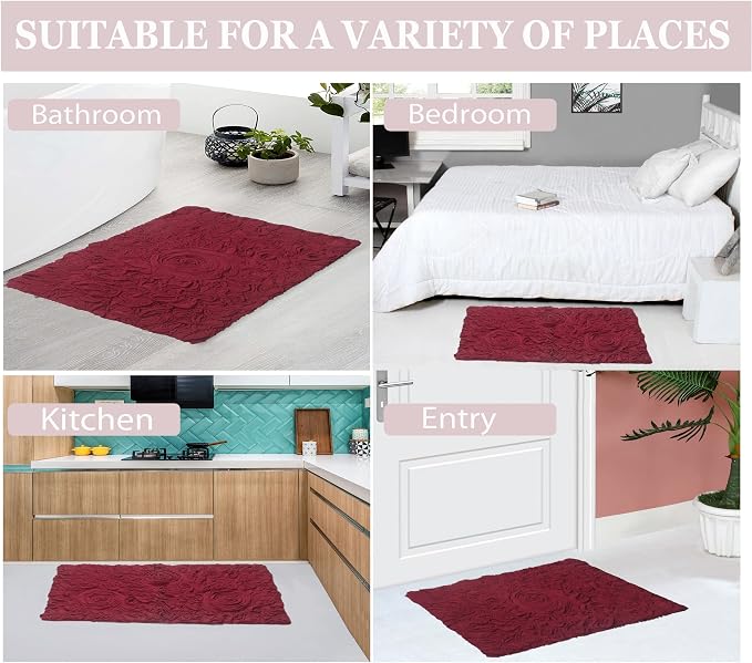 Home Weavers Bell Flower Collection 100% Cotton Tufted Bath Rugs, Extra Soft and Absorbent Bath Rugs, Non-Slip Bath Mats, Machine Washable, Bath Mats for Bathroom Floor and Tub, 21"x34" Rectangle, Red