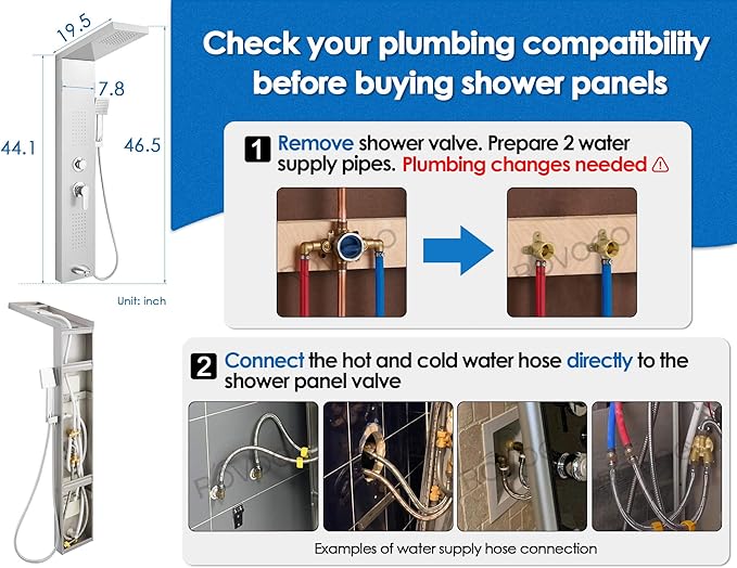 ROVOGO Shower Panel Tower System cUPC Certified, High Pressure Rainfall Shower, Body Jets, Handheld and Tub Spout, 46.5 in. Shower Column Stainless Steel, Brushed
