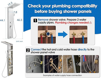 ROVOGO Shower Panel Tower System cUPC Certified, High Pressure Rainfall Shower, Body Jets, Handheld and Tub Spout, 46.5 in. Shower Column Stainless Steel, Brushed