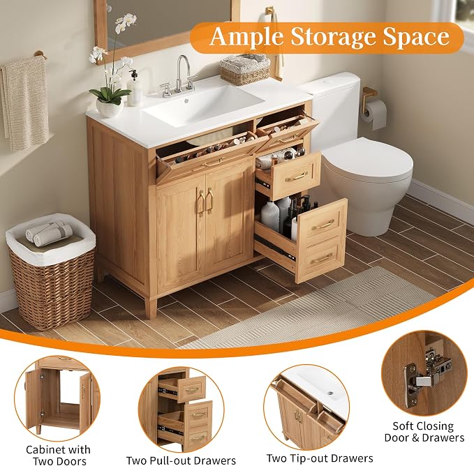 36 Inch Bathroom Vanities with Undermount Ceramic Sink, Storage Cabinet with Soft Closing Doors and Three Drawers, Solid Wood Frame, Natural Wood