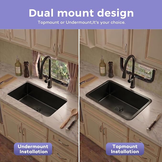 Kitsitchen Black RV Kitchen Sink,16 Guage T304 Stainless Steel Undermount Kitchen Sinks with Strainer & Bottom Gird, 23" x 16" x 7" Single Bowl Drop In Kitchen Sink Used at RV, Outdoor and Bathroom