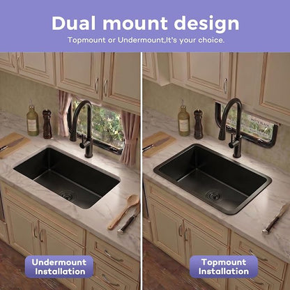 Kitsitchen Black RV Kitchen Sink,16 Guage T304 Stainless Steel Undermount Kitchen Sinks with Strainer & Bottom Gird, 23" x 16" x 7" Single Bowl Drop In Kitchen Sink Used at RV, Outdoor and Bathroom