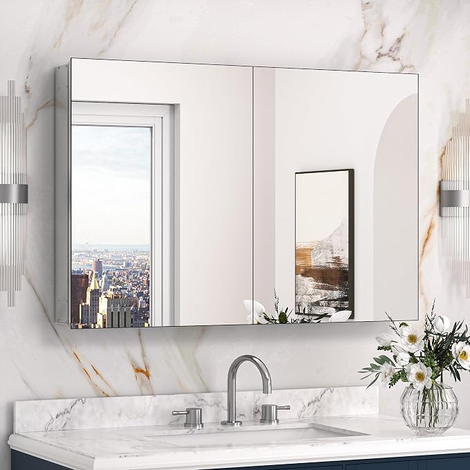 Keonjinn 36 x 24 Inch Bathroom Mirrored Medicine Cabinet, HD Tempered Glass | Lightweight Aluminum Structure, Freely Adjustable Shelves, Combined Assembly Needed, Wall Mount/Recessed Mirror with Storage